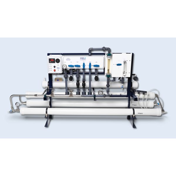 Watermakers | Advanced Reverse Osmosis Desalination Systems - Watermaker WMFQ-7500 reverse osmosis desalination system in a frame configuration. White machine with pipes, dials, buttons and gauges.